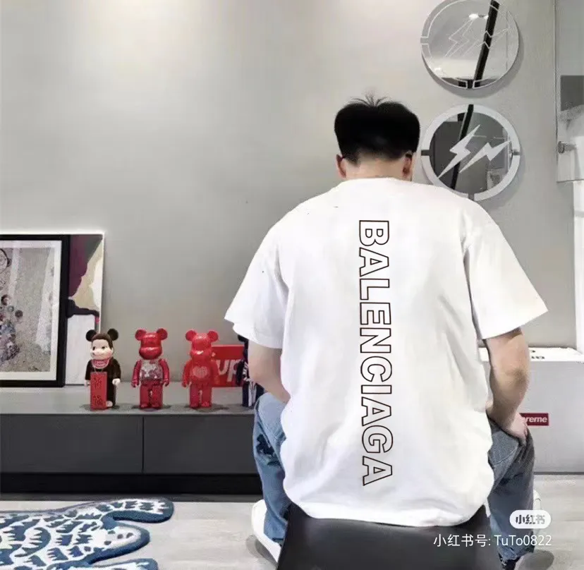 P80✨🔥 BALENCIAGA Paris lettering printed short-sleeved T-shirt, custom-woven and dyed 280g combed cotton heavyweight fabric, zero color difference in thread, perfect details, different from the current version on the market, welcome to compare, Same Style for men and women, must-sell in the picture above Color: White Black Size: 1 2 3 4